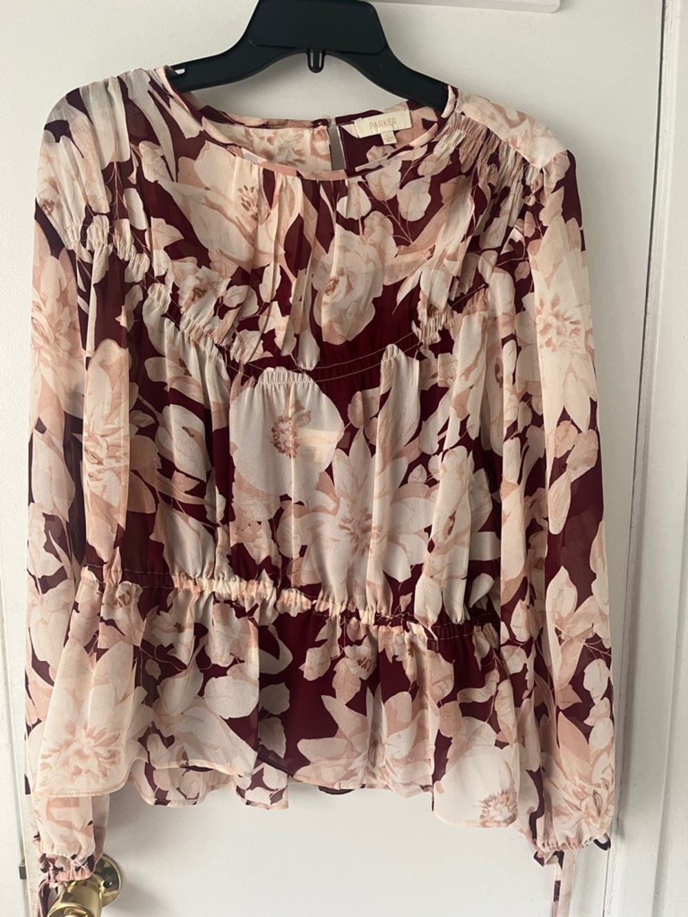 NWT Parker Floral Peplum Blouse in Burgundy and Cream